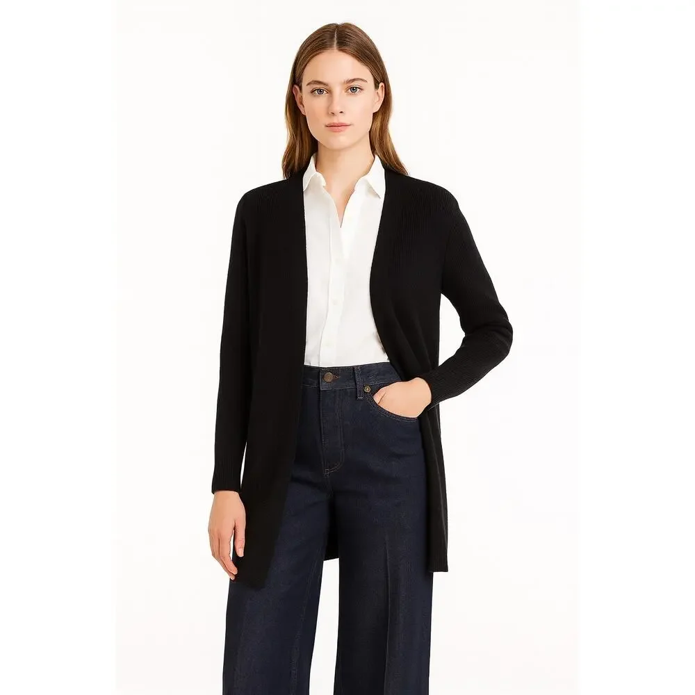 100% Cashmere black ribbed tunic length open front cardigan luxury‎ XS capsule